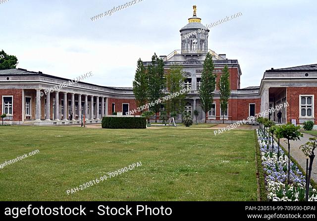16 May 2023, Brandenburg, Potsdam: View of the Marble Palace. In the Grotto Hall, the table service of the Prussian King Frederick William II (1744-1797) is...