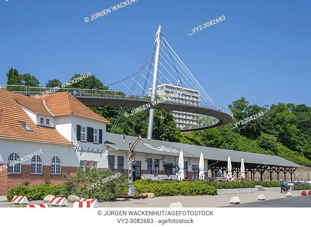 Station at the harbor and pedestrian bridge, Sassnitz, Rügen, Mecklenburg-Vorpommern, Germany, Europe