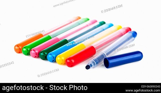 Multicolored felt-tip pens on a white background