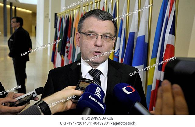 Czech foreign minister Lubomir Zaoralek speaks with journalists during the arrival of the EU heads of diplomacy in Luxembourg City, Luxembourg, April 14, 2014
