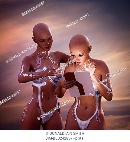 Robot women using digital tablet