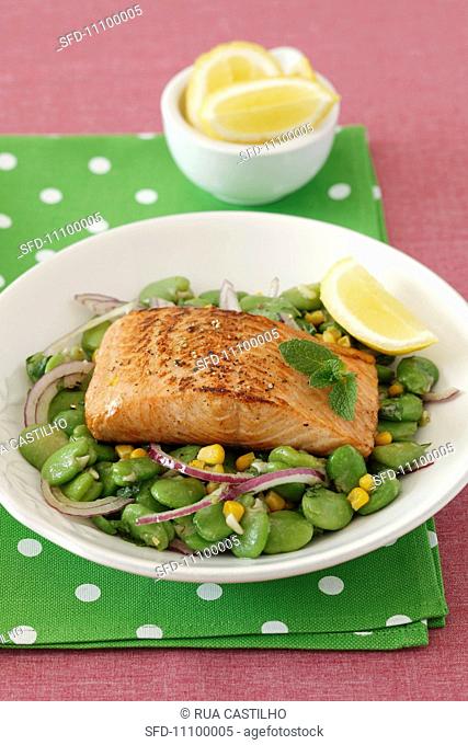Grilled salmon fillet on a bed of bean and sweetcorn with red onions