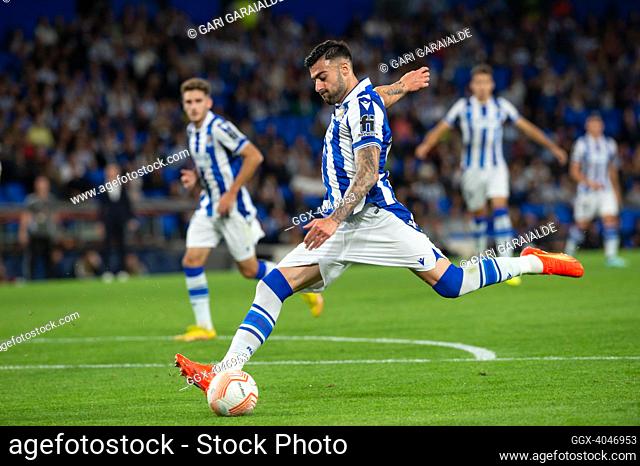 Diego Rico of Real Sociedad shoots and scores his team's 2nd goal during the UEFA Europa League Group E match between Real Sociedad and FC Sheriff Tiraspol at...