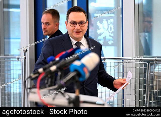 Czech Foreign Affairs Minister Jan Lipavsky, right, comes to press briefing before leaving for Muscat, Oman, t o take part in two-day meeting of ministers of...