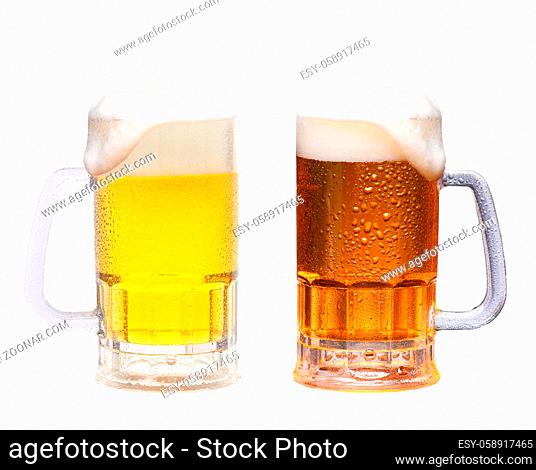 Two cold frosty mugs of beer on a white background, Pale ale and Red Lager