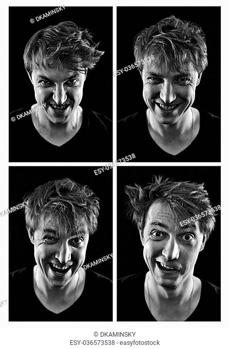 Photo collection of crazy young man emotions on a black background