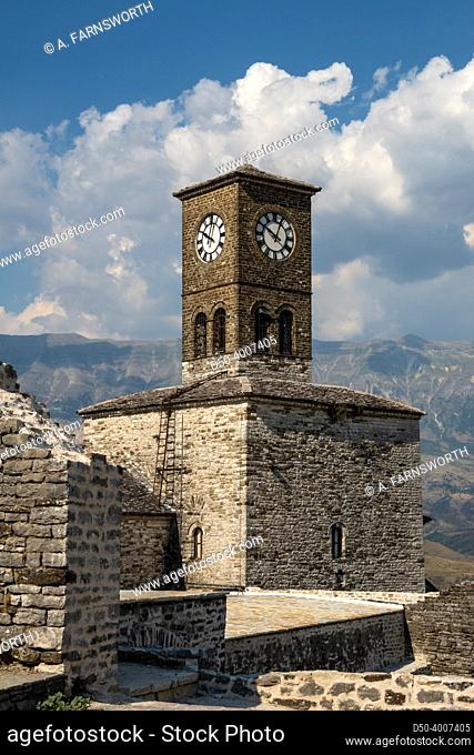 Gjirokaster, Albania The clocktower at the Gjirokaster Castle, a Unesco site