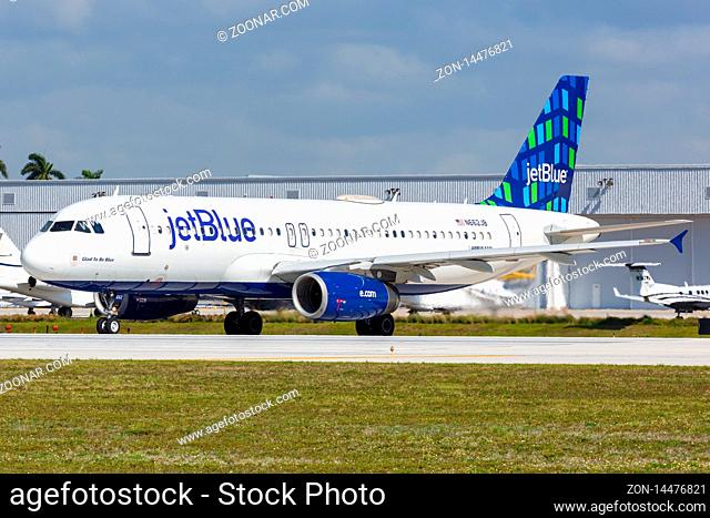 Fort Lauderdale, Florida ? April 6, 2019: JetBlue Airbus A320 airplane at Fort Lauderdale airport (FLL) in Florida