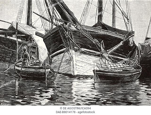 At the Harbor, a vessel and a small rowboat, engraving from a painting by Alfredo Luxoro (1859-1918), from L'Illustrazione Italiana, year 12, no 43, October 25
