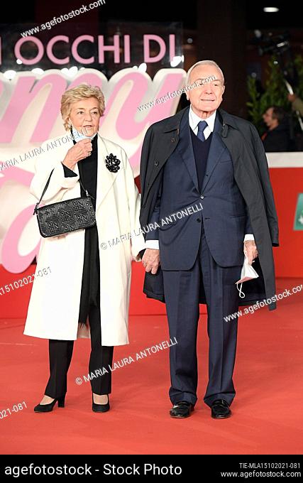 Gianni Letta with his wife Maddalena Marignetti pose for photographers during the red carpet for the movie ""The Eyes of Tammy Faye"" at the Rome Film Festival...