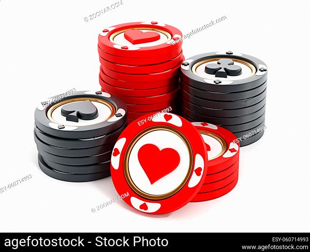 Casino chips with hearts, spades, diamonds and clubs shapes. 3D illustration