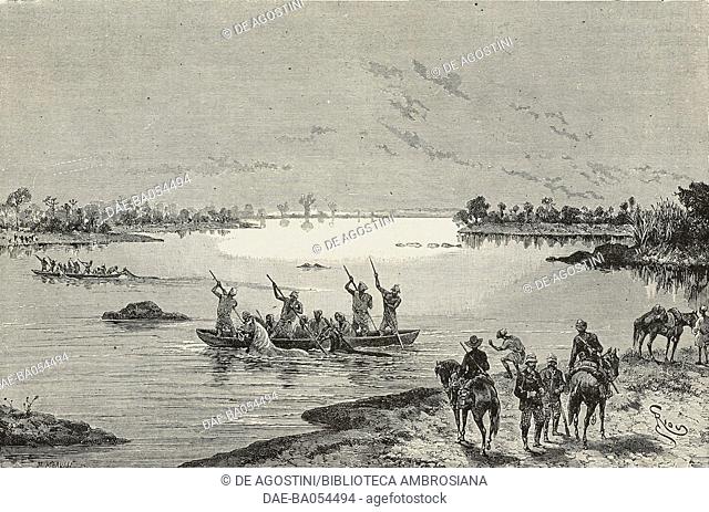 Joseph Gallieni crossing the Niger River, engraving from Voyage au Soudan francais 1879-1881, by Commander Gallieni, illustration by Riou and Meaulle from...