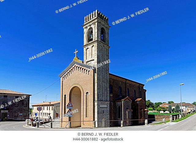 Europe, Italy, Veneto Veneto, Gorgo, via Argine Destro, SP 2, church, architecture, building, church, lanterns, towers, street, signs