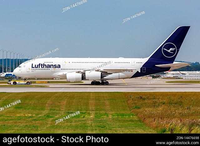 Munich, Germany ? July 20, 2019: Lufthansa Airbus A380 airplane at Munich airport (MUC) in Germany