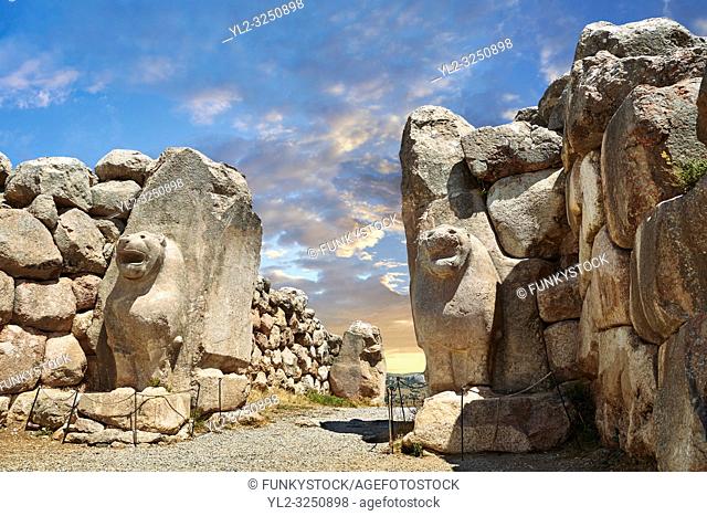Picture & image of the Hittite lion sculpture of the Lion Gate. Hattusa (Hattusas) late Anatolian Bronze Age capital of the Hittite Empire