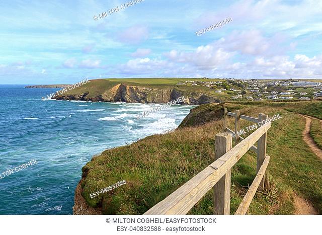 A landscape view of Mawgan Porth from the South West Coast Path, North Cornwall along the Atlantic coast near Newquay