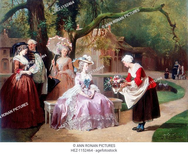 Empress Eugenie presented with bouquet by peasant girl. Eugenie de Montijo (1826-1920), Spanish-born wife of Napoleon III of France married the Emperor in 1853