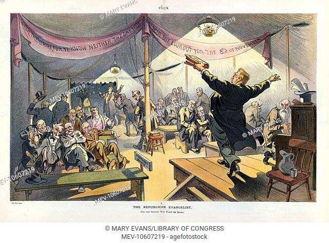The Republican evangelist. Illustration shows Theodore Roosevelt as an evangelist preaching from My Policies in a tent with Sherman, Cannon, Aldrich, Ballinger