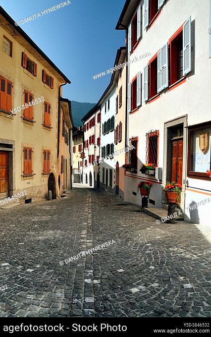 Quiet street of Saillon, Martigny district, Bernese alps, Rhone Valley, canton Valais, Wallis canton, Switzerland, Europe