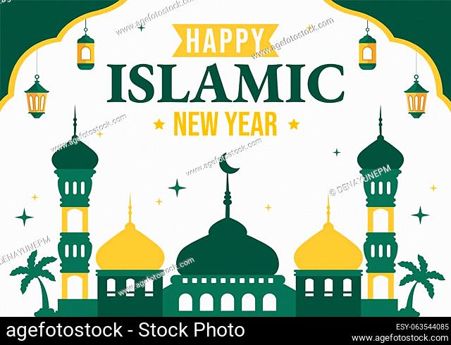 Happy Muharram Islamic New Year Vector Illustration with Muslims Celebration in Flat Cartoon Hand Drawn Landing Page Background Templates
