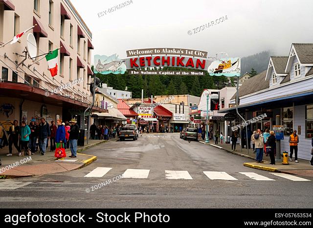 Ketchikan, Alaska/USA ? August 5, 2015: A view of Main Street businesses and tourists exploring downtown Ketchikan August 5, 2015