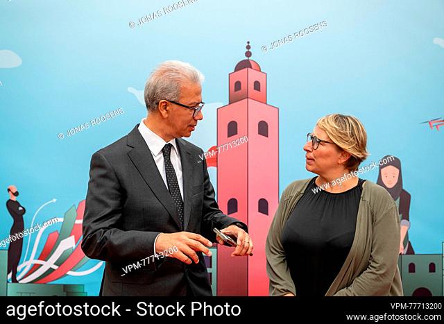Official envoy of King Mohammed VI Karim Kassi-Lahlou and Minister for Development Cooperation and Metropolitan Policy Caroline Gennez are seen during a field...