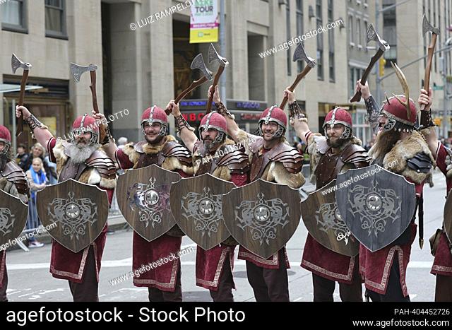 Avenue of America, New York, USA, April 15, 2023 - Thousands celebrated Scottish heritage marching up Sixth Avenue to the beat of drums and sound of bagpipes...