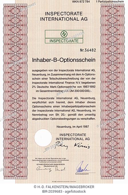 Share certificate, bearer warrant in German Marks and Swiss Francs, Company of Werner K Rey, Swiss financier, Inspectorate International AG, Neuenburg, 1987