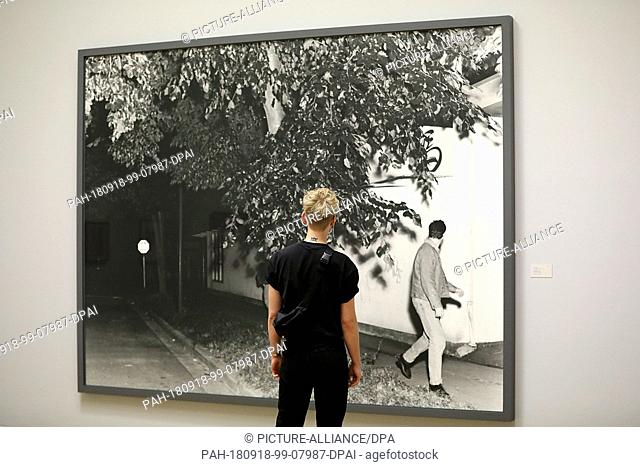 18 September 2018, North Rhine-Westphalia, Bonn: A man stands in front of the photograph ""Passerby"" by Jeff Wall. The exhibition ""The Flaneur"" can be seen...