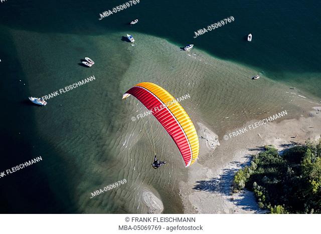 Paraglider, flight, Paragliding, enjoyment, vacation, Lago Maggiore, Maggia delta, mountain lake, Locarno, aerial view, Ticino, Switzerland