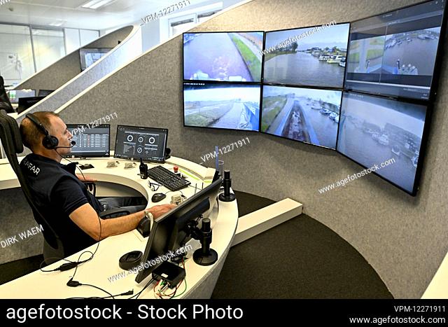 Illustration picture shows a captain operating a semi autonomic ship during a press moment for the opening of a new shore control center of Seafar, in Antwerp