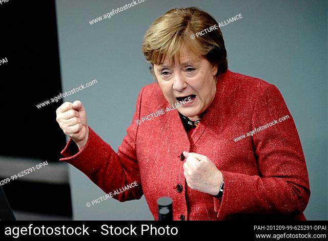 09 December 2020, Berlin: Chancellor Angela Merkel (CDU) speaks during the general debate on the federal budget in the Bundestag