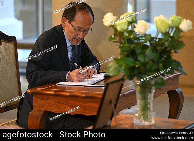 Japanese Ambassador to the Czech Republic Hideo Suzuki signs a book of condolences on the death of former Foreign Minister Karel Schwarzenberg at the Foreign...