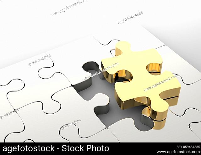 Last golden puzzle piece to complete a jigsaw. Concept of business solution, solving a problem. 3D illustration