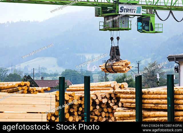PRODUCTION - 07 June 2021, Baden-Wuerttemberg, Hausach: A crane with grapple transports debarked logs while in the foreground debarked logs can be seen in the...