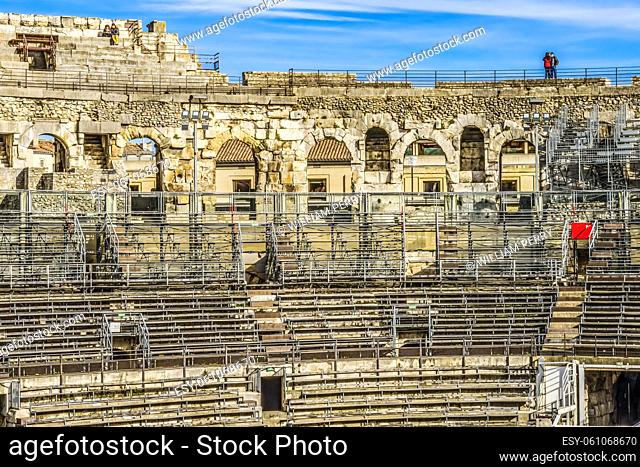 Ancient Classical Roman Amphitheatre Arena Nimes Gard France. Built in 70 AD Used now for bull fights and sports events