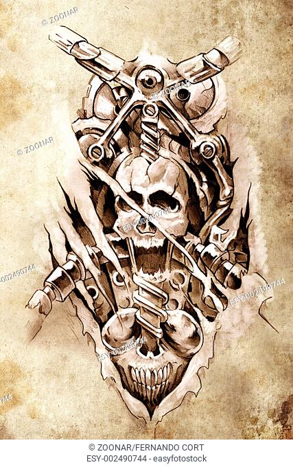 Tattoo art, sketch of a machine gears and skull
