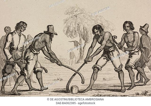 Traditional costumes, men playing playing cineca, Chile, engraving by Vernier from Chili, Paraguay, Buenos-Ayres, by Cesar Famin, Patagonie