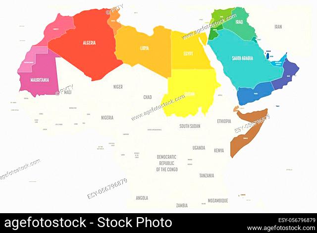 Arab World states political map with colorfully higlighted 22 arabic-speaking countries of the Arab League. Northern Africa and Middle East region