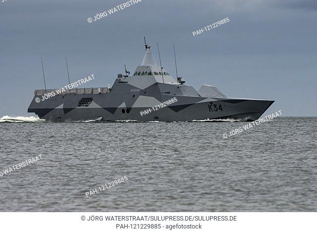 06.06.2019, the Corvette K34 Nykoping of the Swedish Navy when entering the Kiel Forde. The stealth ship participates in the NATO maneuver BALTOPS