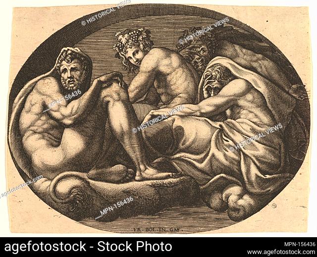 Hercules, Bacchus, Pan, and Saturn(?), from a series of eight compositions after Francesco Primaticcio's designs for the ceiling of the Ulysses Gallery...
