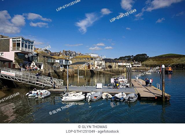 England, Devon, Salcombe, Small boats moored to Whitestrand Pontoon in Salcombe Harbour in Devon's most southerly town