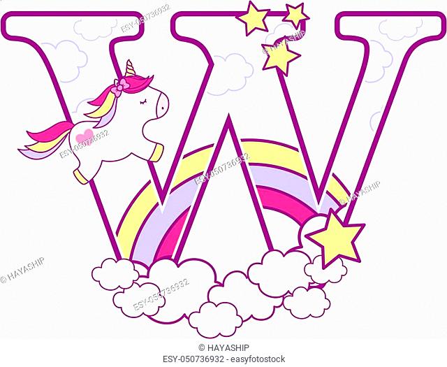 initial w with cute unicorn and rainbow. can be used for baby birth announcements, nursery decoration, party theme or birthday invitation