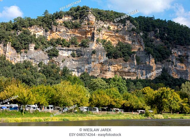 Dordogne, France - September 7, 2018: Camping along the Dordogne river below the gardens of the Jardins de Marqueyssac. France