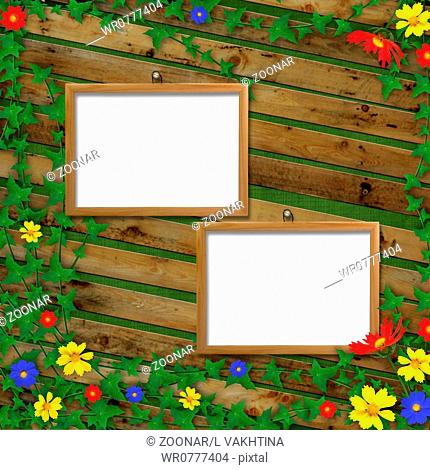 Two Wooden frameworks for portraiture on the abstract background with flowers