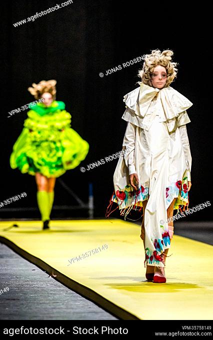 A fashion model wearing clothes by master's degree student Alise Anna Dzirniece during the end of year fashion show showcasing the creations of students from...
