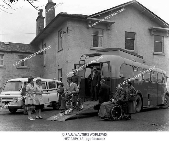 Paraplegic bus, Pontefract, West Yorkshire, 1960. By 1960, facilities for the disabled were being developed and access to transport was an important part of...