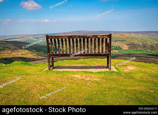 A bench with a view, seen at the Buttertubs Pass (Cliff Gate Rd) near Thwaite, North Yorkshire, England, UK