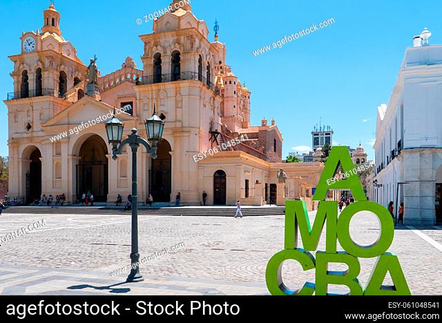 Cordoba Argentina December 6, the city cathedral sited in San Martin Square built between 1650 and 1700 and a street sign welcome tourists