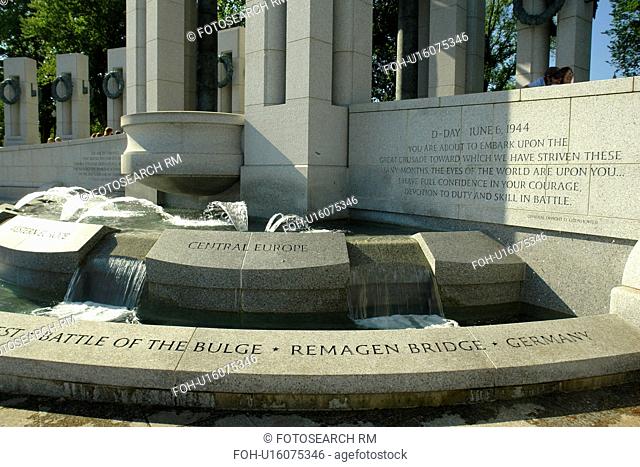 Washington DC, D.C District of Columbia, World War II Memorial, Inscriptions at base of the pavilions mark the key battles fought in WWII, National Mall